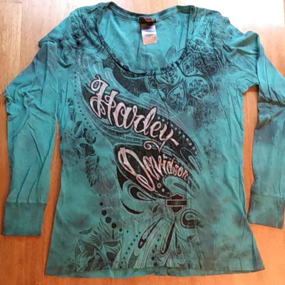 Harley-Davidson teal tie-dyed long sleeve top